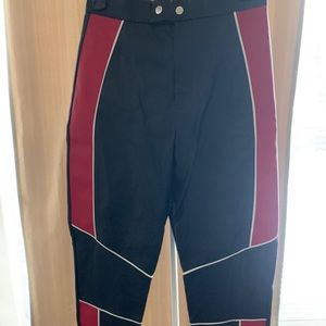 Black leather pants with red racing stripe